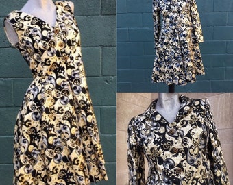 Vintage 60s Gold Metallic Gray and Black Brocade Mini Dress  with Fitted Jacket  small