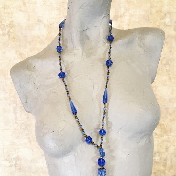 Vintage Blue and Gold Beaded Lariat Necklace - image 3