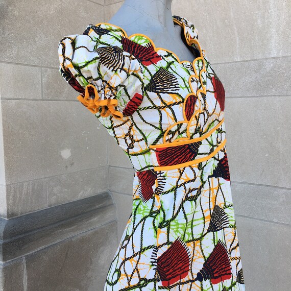 red black green yellow dress Vintage Yellow Red Black and White Cotton Dress With Puff Sleeves