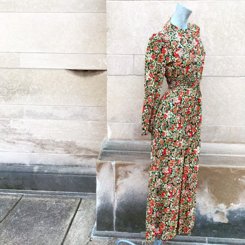 Vintage 70s Green Orange and White Palazzo Pants and Shirt Blouse Set small medium