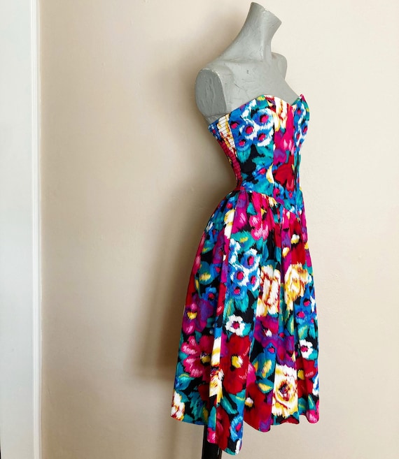 Vintage 80s Mod Tropical Strapless Sundress in Pi… - image 2