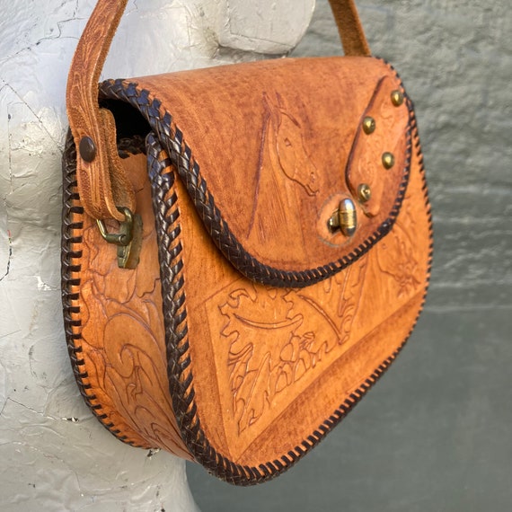 Vintage 60s Chestnut Brown Hand Tooled Purse with… - image 8