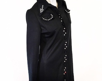 Vintage 60s Black Maxi with Chunky Rhinestones and Quirky Collar Arrows  medium large