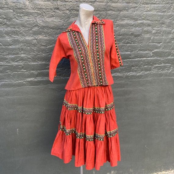 Vintage 50s Boho Chic Orange Cotton Skirt Set  ex… - image 4