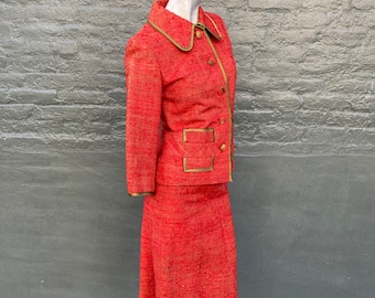 Vintage 60s Raw Silk Hand Tailored Custom Orange Red and Green Wiggle Skirt Suit   small  extra small