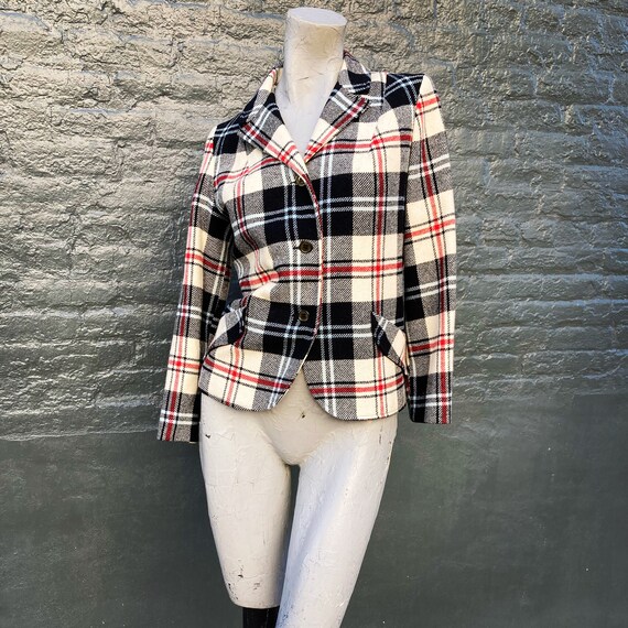 Vintage 80s Ivory White Red Blue and Black Plaid … - image 1