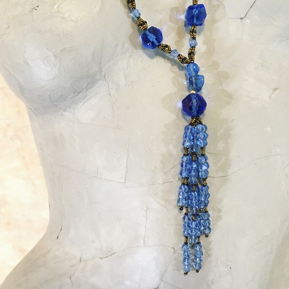 Vintage Blue and Gold Beaded Lariat Necklace - image 4