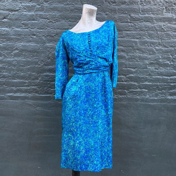 Vintage 60s Watercolor Silk Dress in Blue Purple … - image 1