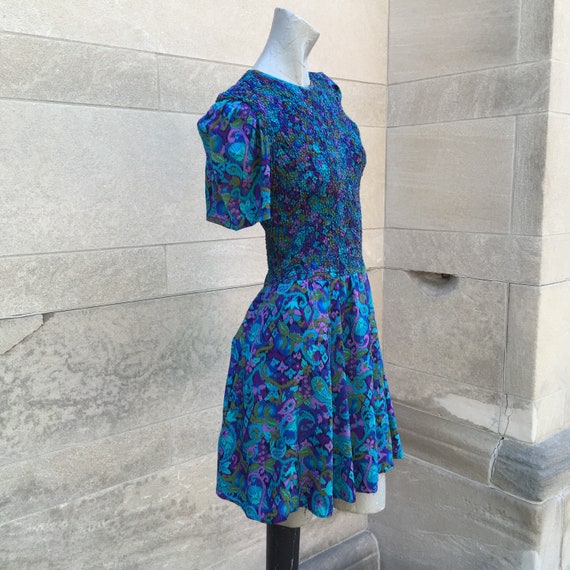 Vintage 80s Blue Green Purple Ruched Mini Dress  … - image 1