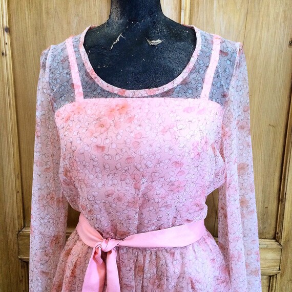 70s Vintage Salmon Pink Sheer Maxi Dress with Slip - image 4