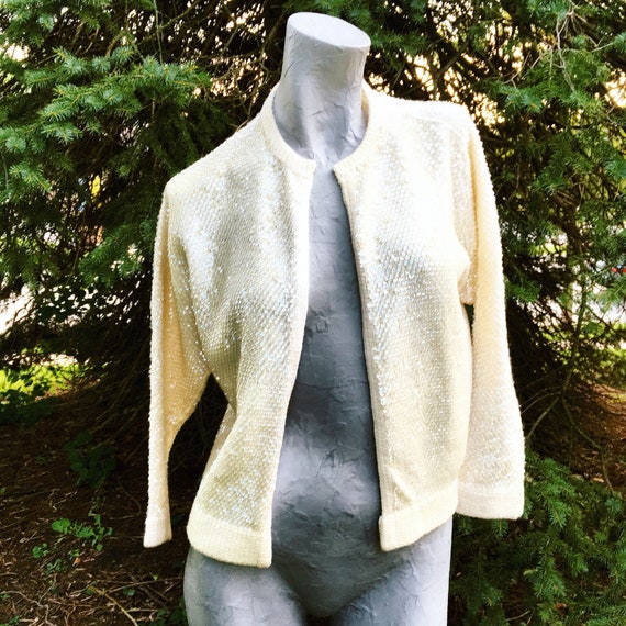 Vintage 60s Ivory White Sequin Cardigan   medium … - image 7