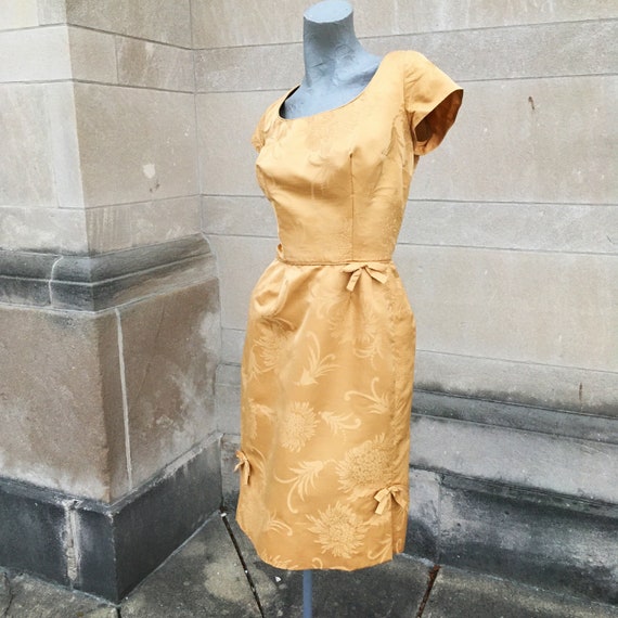 1960s Yellow Chiffon and Brocade Wiggle Dress