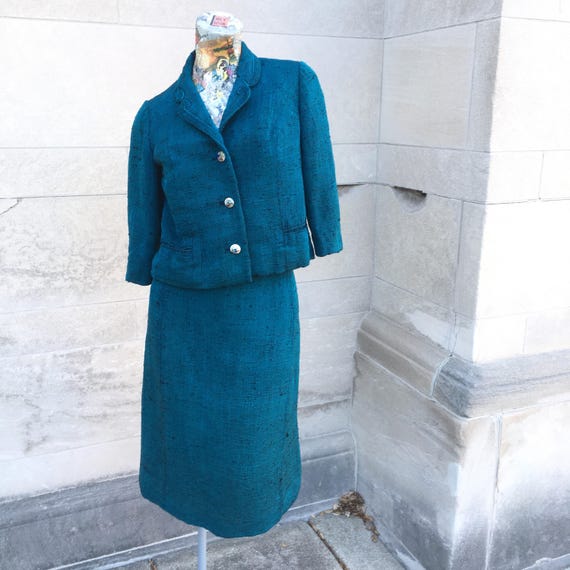 Vintage 60s Ying Tai LTD Raw Silk Turquoise Suit … - image 3