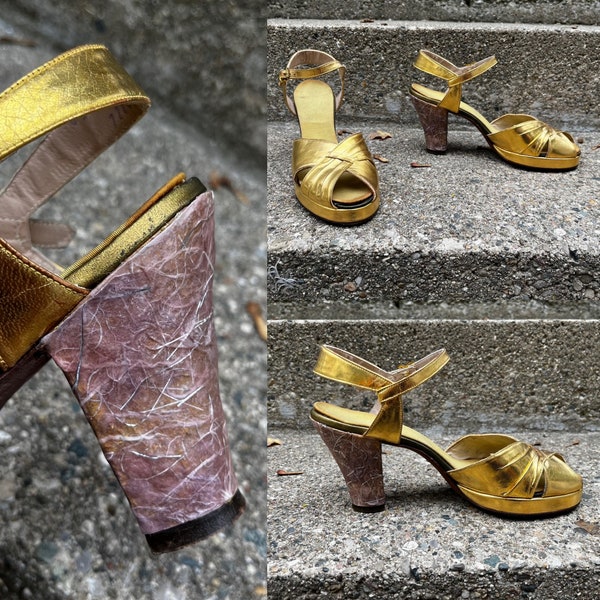 Vintage 40s Gold Lame Strappy Sandals with Lavender Heels Shoes
