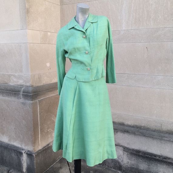 Vintage 50s Sea Green Silk Hand Tailored Circle Skirt Suit | Etsy