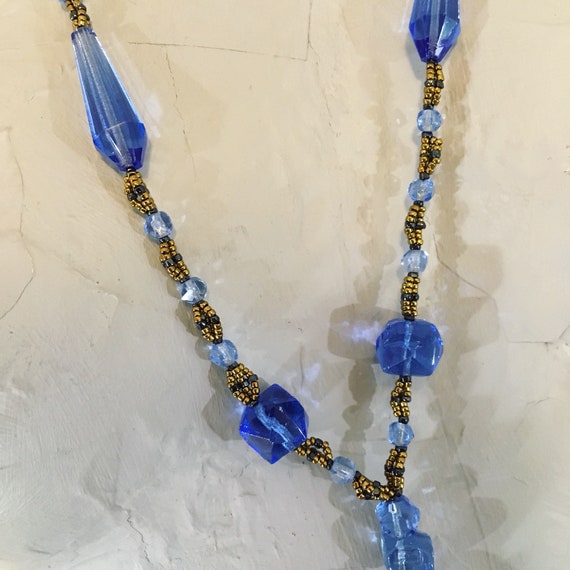 Vintage Blue and Gold Beaded Lariat Necklace - image 5