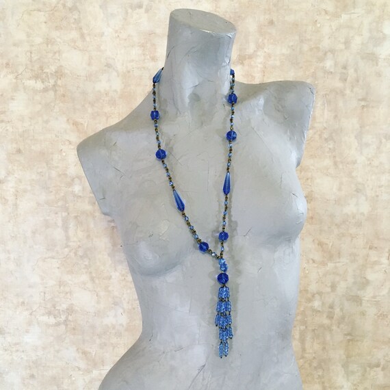 Vintage Blue and Gold Beaded Lariat Necklace - image 6
