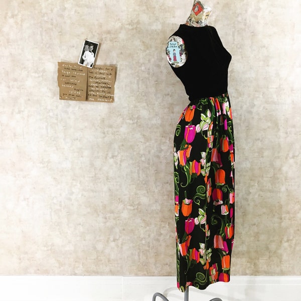 vintage 70s Tulip Maxi Dress with Sexy Side Slit black velvet rose orange lime green tulips small medium