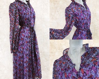 Vintage 70s Sheer Purple Floral Dress  Partially Lined  Medium