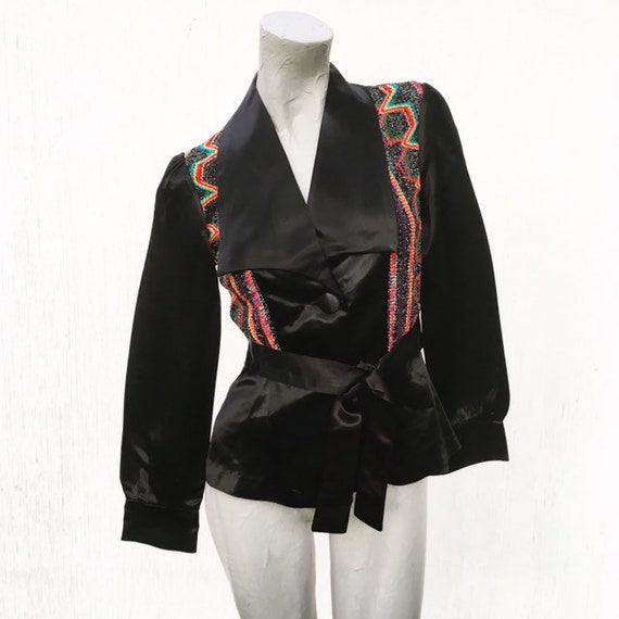 Vintage 70s Black Satin Disco Jacket with Mod Embr