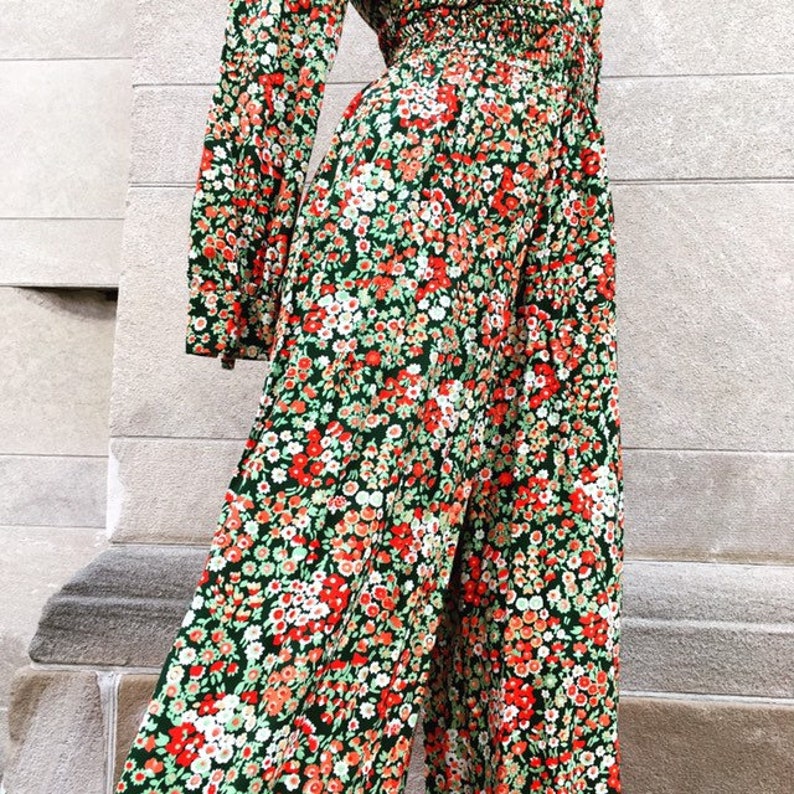 Vintage 70s Green Orange and White Palazzo Pants and Shirt Blouse Set small medium