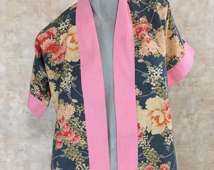 Vintage 40s Cotton Japanese Kimono With Blue Pink Orange Etsy