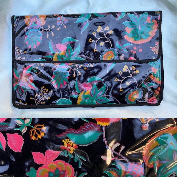 Buy Vintage 80s Italian Black Floral Oilcloth Envelope Purse Large