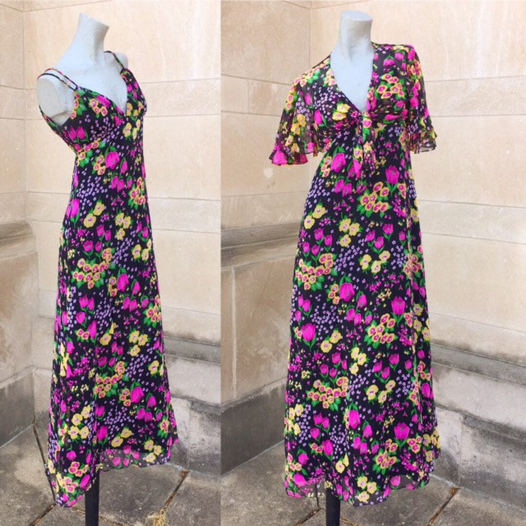 Vintage Antique 30s Black Pink Yellow Green Flower Long - Etsy