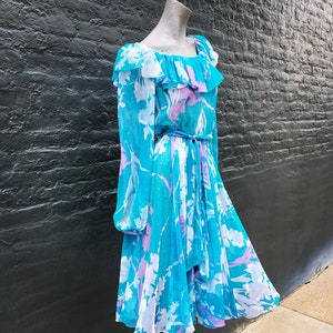 Vintage 70s Aqua Blue Pink Purple Sheer Chiffon Floral Cloud Dress with Metallic Gold Dots  small medium