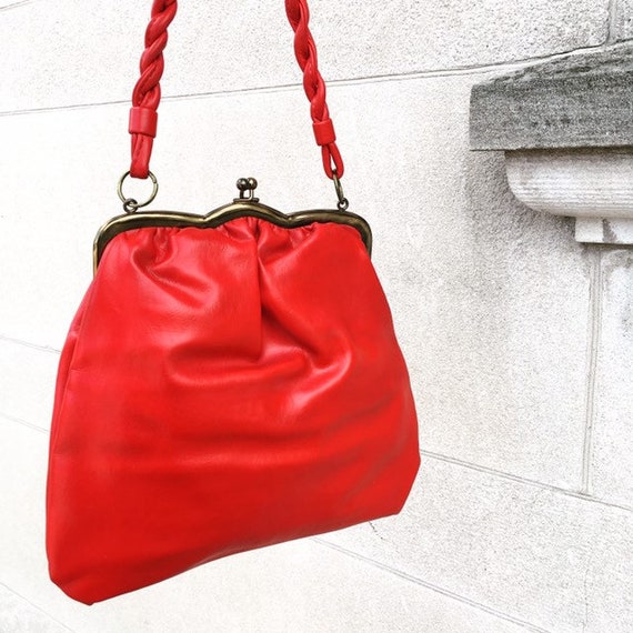 Vintage 60s Red Faux Leather Vegan Handbag Purse - image 3