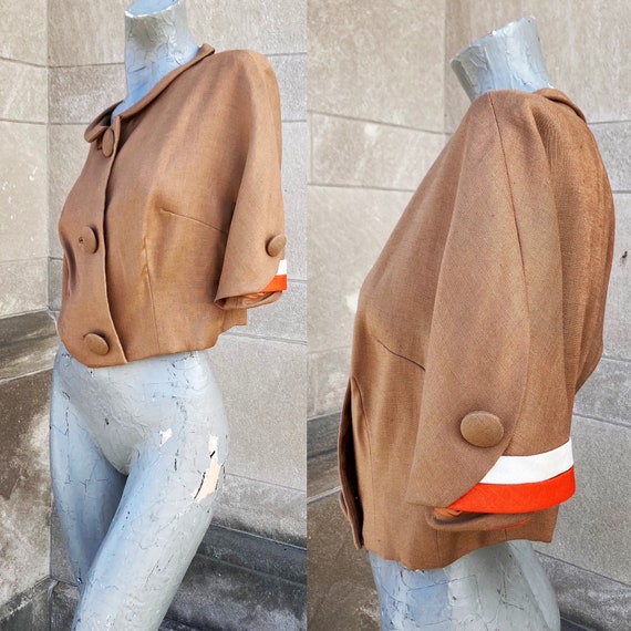 Vintage 60s Brown Orange and White Cropped Jacket… - image 1