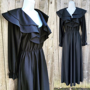 Vintage 70s True Black Ruffle Neck Maxi Dress  small medium
