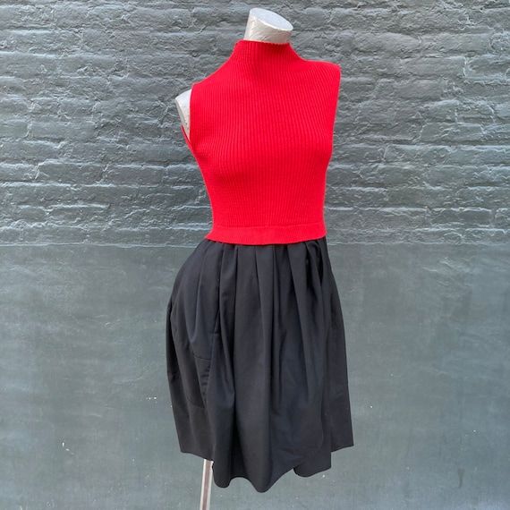 Vintage Red Knit and Black Satin Tulip Skirt Dress