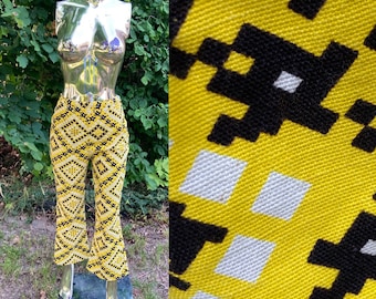 Vintage 60s Mod Yellow Black and White Graphic Bell Bottom Pants  small extra small