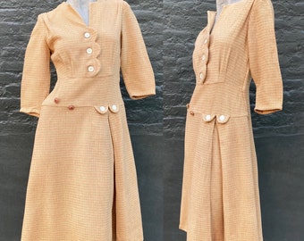 Vintage 40s Beige Tan Pale Brown Check Dress