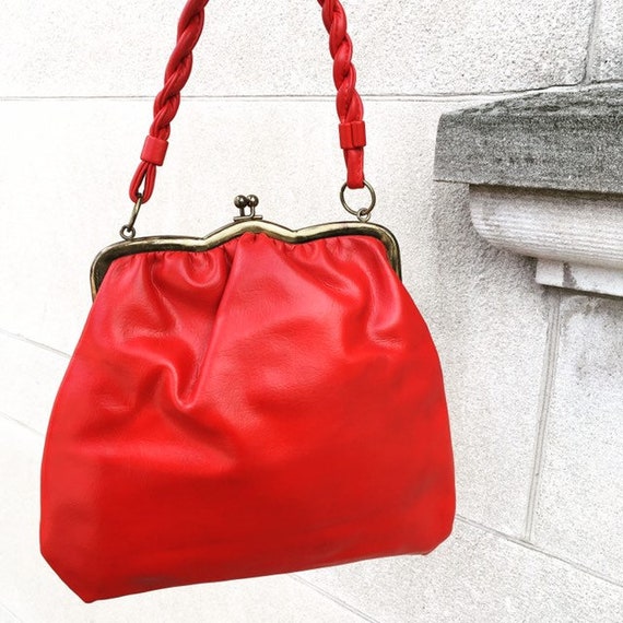 Vintage 60s Red Faux Leather Vegan Handbag Purse - image 1
