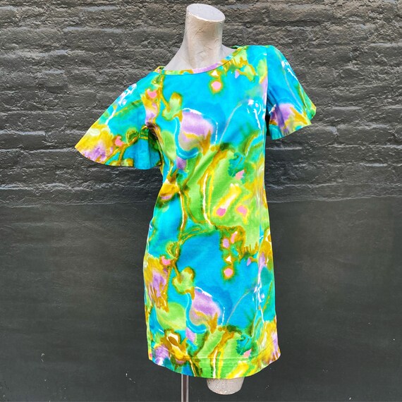 Vintage 60s Watercolor Pink Blue Yellow Green Mini Dress With Butterfly  Sleeves Small Medium - Etsy