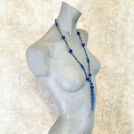 Vintage Blue and Gold Beaded Lariat Necklace - image 1