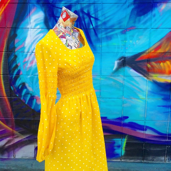 70s Bright Lemon Yellow Polka Dot Maxi Dress small