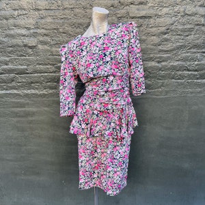 Vintage 80s Pink Floral Wiggle Skirt Dress  small