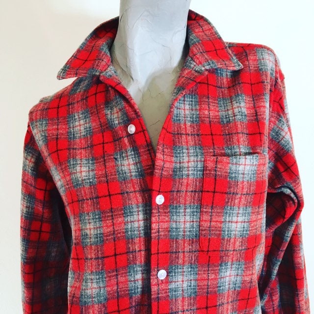 Vintage 60s Red White and Soft Gray Wool Flannel Plaid Shirt | Etsy