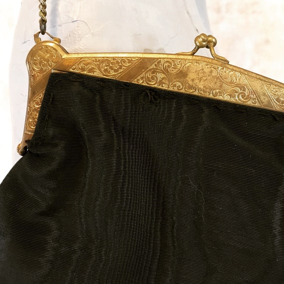 Vintage 50s Black Moire Satin Brass Frame Purse w… - image 4