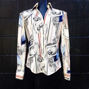 Vintage 70s Red Blue Black and Cream White Long Sleeve Mod Shirt  small