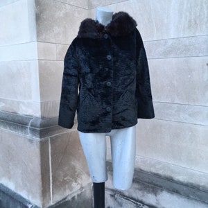 Vintage 60s Plush Black Velveteen Short Jacket with Faux Fur Collar  small medium