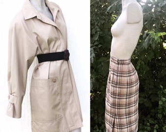 Vintage 60s 70s Brown Gray Black White Plaid Wiggle Skirt  small