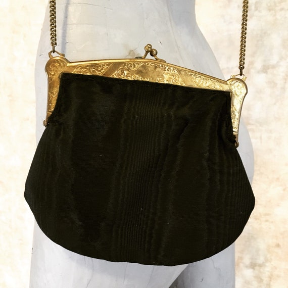 Vintage 50s Black Moire Satin Brass Frame Purse w… - image 3