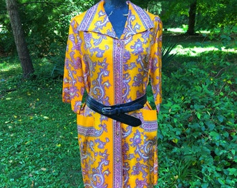 Vintage 60s Yellow and Lavender Paisley Dress Shift Tunic Blouse Top medium large