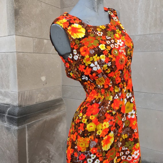70s Mod Bright Orange Green Yellow Maxi Dress smal