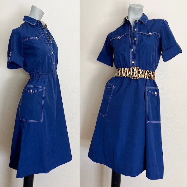 Vintage 70s Military Inspired Blue and Tan Cotton Shirtwaist Dress  small medium