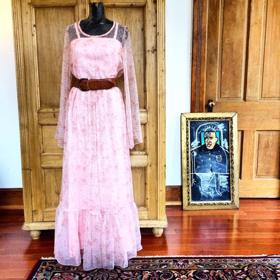 70s Vintage Salmon Pink Sheer Maxi Dress with Slip - image 5